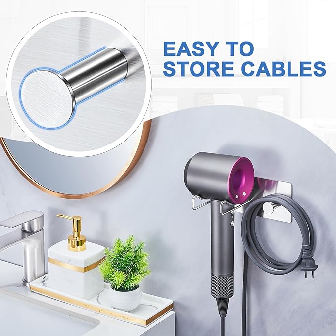 Hair Dryer Holder Wall Mounted, Universal Blow Dryer Holder, Hairdryer Storage Hanger with Plug&Cord Hook, Adhesive Hair Tool Organizer for Bathroom, Silver