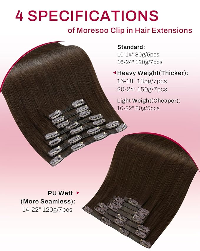 Moresoo Clip in Hair Extensions Real Human Hair Medium Brown Hair Extension Clip ins Remy Human Hair Double Weft Clip in Extensions Medium Brown #4 7pcs/135g 18inch