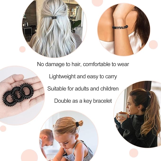 JessLab Spiral Hair Ties, 20 Pcs Traceless Phone Cord Hair Ties No Crease Spiral Bracelet Plastic Coil Ponytail Holders No-Damage Headband Hair Accessory for Girls Women Ladies Gift, Black