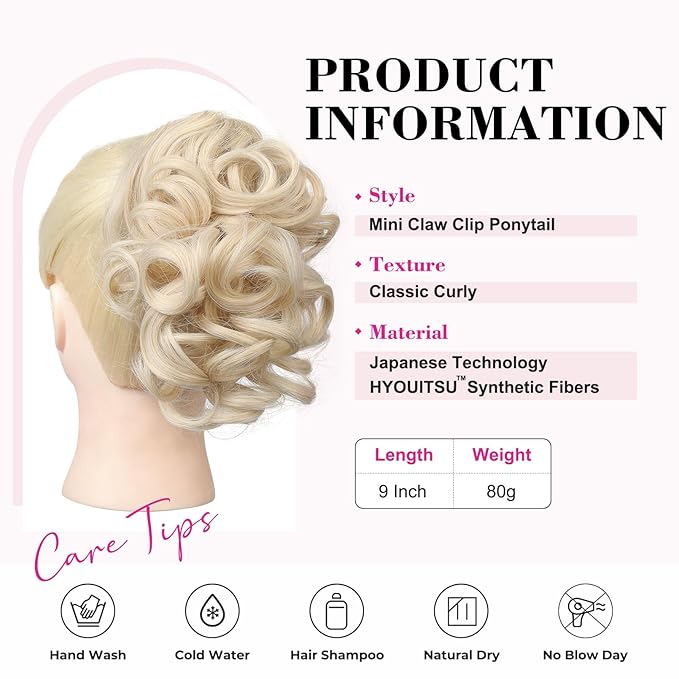 REECHO 9" Short Ponytail Extension, Classic Loose Curly Wavy Claw Clip Pony tails Hair Extensions HP001 Hairpieces for Women - Light Blonde