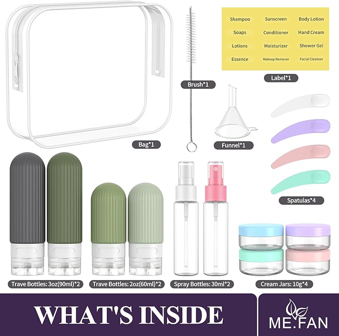 ME.FAN 18 Pack Travel Bottles for Toiletries, TSA Approved Silicone Portable Size Bottle, Refillable Cosmetic Container Kits for Conditioner, Shampoo, Lotion,Face Cream - Desert Sage