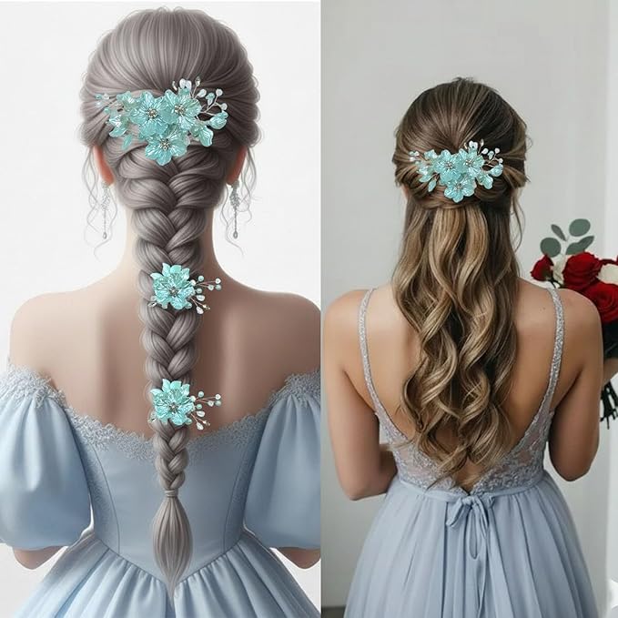 3 PCS Large Flower Bridal Wedding Hair Pins Crystal Pearl Hair Clips Headpiece Bride Hair Accessories Jewelry with Rhinestone, Glitter Emboss Blue Flower