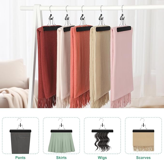 TOPIA HANGER 24 Pack Wooden Pants Hangers, Hair Extension Hangers Non Slip Skirt Hanger Wood Clamp with Velvet Padded 360° Swivel Hook for Jeans, Skirts, Trousers, Wigs Black CT68B