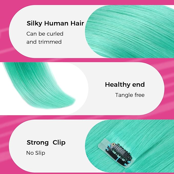 Lashey Seamless Clip in Hair Extensions Human Hair 4pcs 37g Green 16 Inch Straight Hair Extensions Clip ins with PU Soft Invisi Edge
