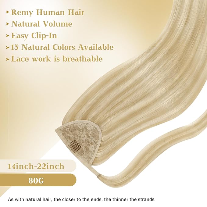 Ve Sunny Hair Extensions Ponytail Real Human Hair Wrap Around Clip in Ponytail Hair Extensions Straight Extensions Human Hair for Women Strawberry Honey Blonde Highlights Bleach Blonde 20inch 80G