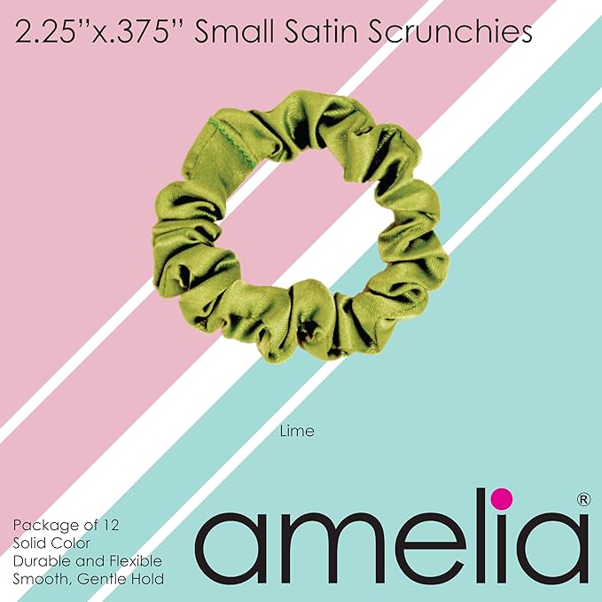 Amelia Beauty, Lime Satin Small Scrunchies, 12-Pack – No Damage Hair Ties for Women, Gentle & Durable Hair Accessories, 2.5in x 0.5in