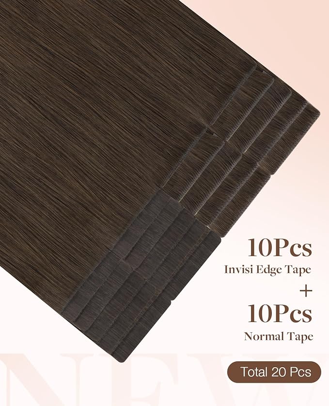 GOO GOO Invisi Edge Tape in Hair Extensions Human Hair, 2A Light Brown 10pcs injected with 10pcs classical tape ins, 20inch 50g, Virgin Remy Hair, Natural Look