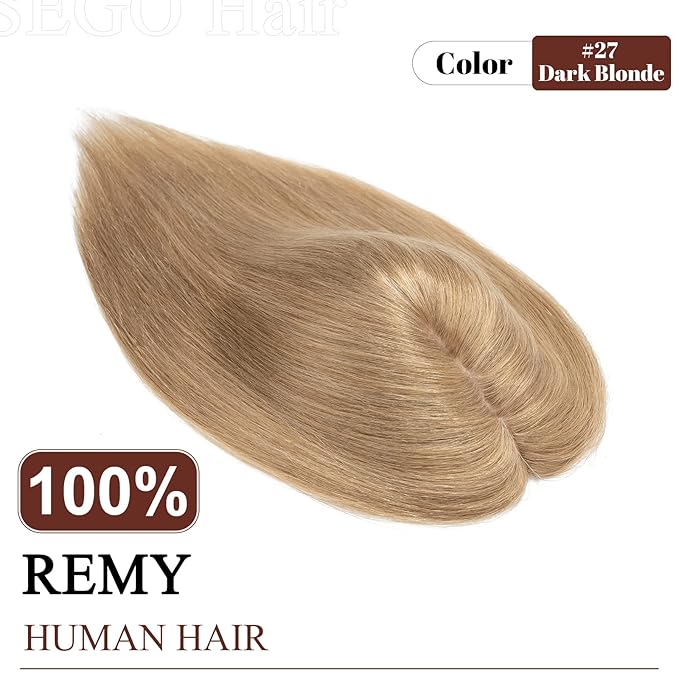 SEGO Real Human Hair Topper for Women, No Bangs Hair Topper with Anti-Slip Clips (6 Inch#27 Dark Blonde)