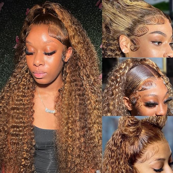 250% Density Hidden Strap 360 Lace Front Wigs Human Hair Deep water Wave Honey Blonde Curly Human Hair wig Ombre Deep Wave 4/27 Highlight Lace Front Wigs Wet And Wavy Wigs for Women 22 Inch