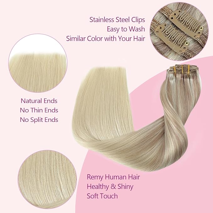 PINKPEARL Clip in Hair Extensions Straight Human Hair #18/22/60 Balayage Ash Blonde to Golden Blonde and Platinum Blonde 7pcs 120g 20 Inch Real Hair Clip in Extensions(#18/22/60-20)
