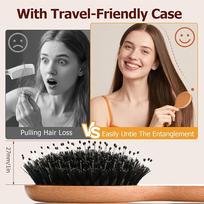 Travel Hair Brush, 3-Pack Mini Boar Bristle Hair Brush for Women - Small Portable Compact HairBrush for Girls Kids Women Best Gift, Travel Size for Purse, Vacation, Business Trips & Outings