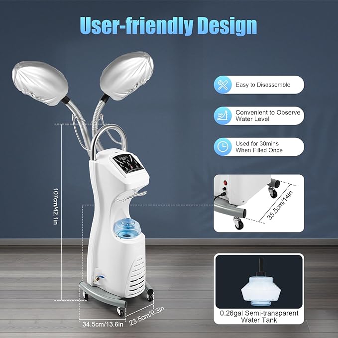 Standing Hair Steamer for Deep Conditioning, 7 in 1 Nano Ionic Steam Therapy, Pro Hair Care SPA Treatment w/Steam Caps, 8-Temp Adjustable for Hair Treatment, Coloring, Scalp Care - Salon & Home Use