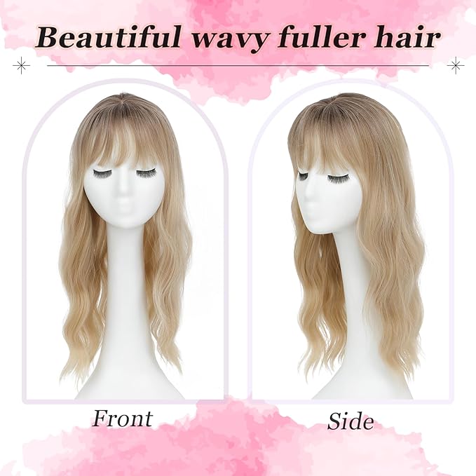 Hair Topper, 360° 3D Hair Toppers for Women with Thinning Crown, 20 Inch Long Wavy Curly Hair Pieces Clip in Bangs (Highlights Champagne Blonde with Brown Root, 20 inch, French Bangs)