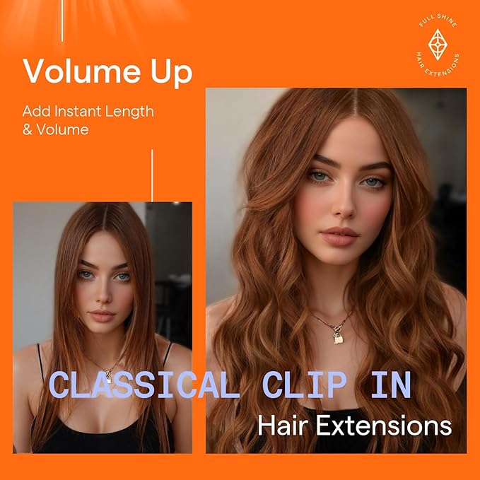 Full Shine Auburn Hair Extensions Real Human Hair Auburn Clip in Extensions for Short Hair for Bob 12 Inch 7 Pcs 95 G