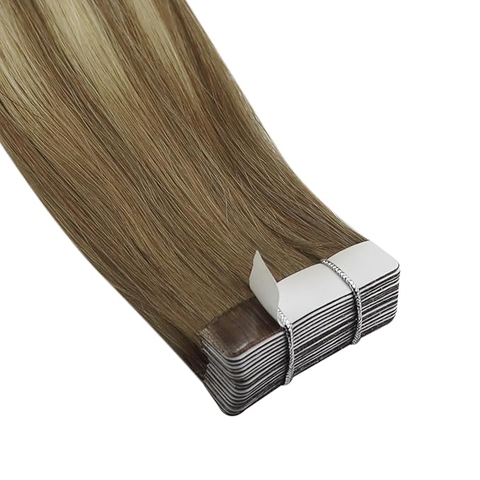 YoungSee Tape in Hair Extensions Real Human Hair Balayage Tape in Extensions Light Brown Ombre Blonde Human Hair Tape-in Extension Invisible Tape-on Hair Extension 16In for Women 50g