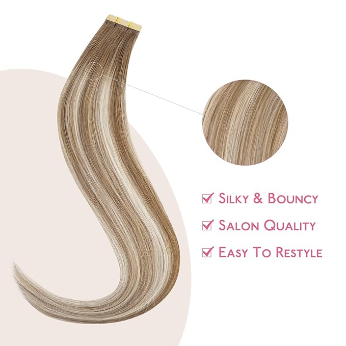 WENNALIFE Tape in Hair Extensions Human Hair Balayage Dirty Blonde with Platinum Ends Tape in Extensions, 10pcs 30g 20 inch Remy Invisible Tape Ins Straight Colored Soft Refill Set