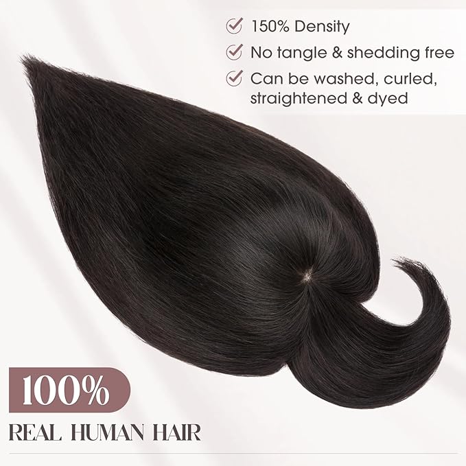 MY-LADY Human Hair Toppers for Women Real Human Hair with Bangs Thin 8.5 * 8.5CM Mono Base Clip in Remy Hairpieces Light Weight 14 Inch Natural Black