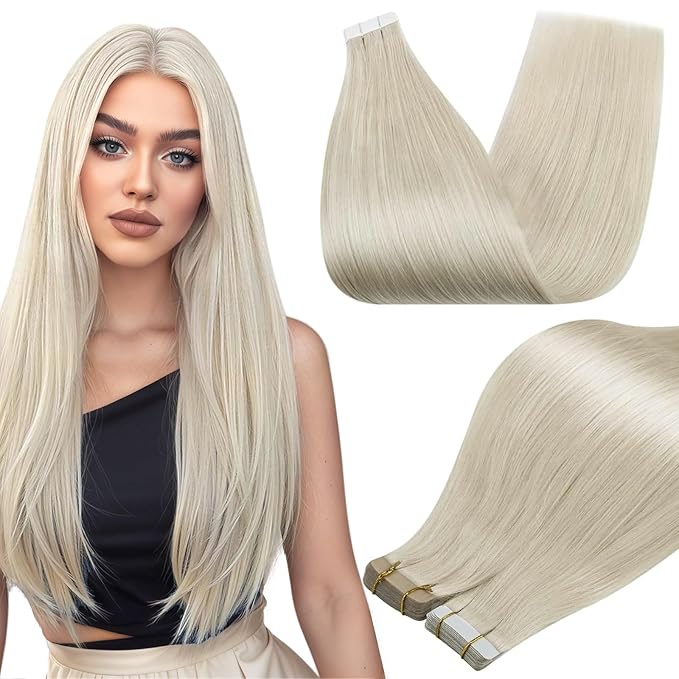 Full Shine Tape in Extensions Ice Blonde Seamless Tape in Hair Extensions Human Hair 18Inch Long lasting Adhesive Invisible Skin Weft Cuticles Aligned Bridal Hairstyles 50G 20Pcs