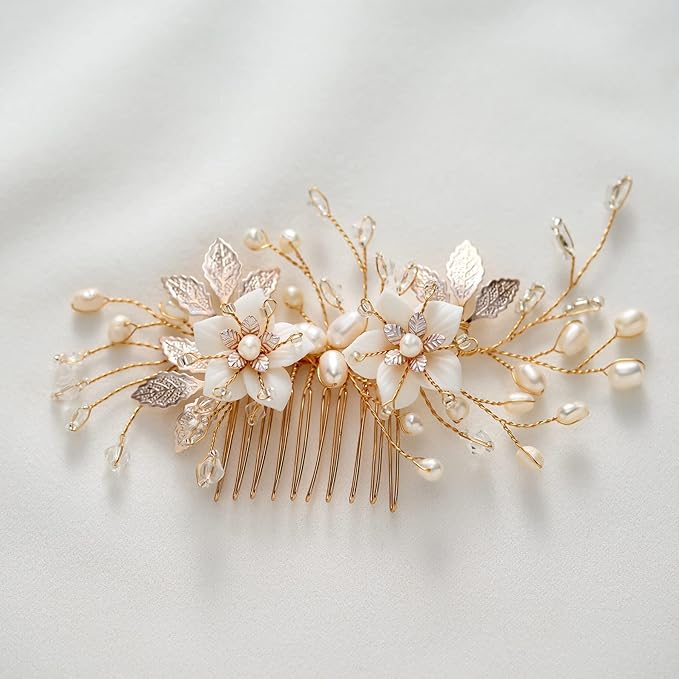 SWEETV Wedding Hair Comb for Bridal Hair Accessories, Handmade Flower Bridal Hair Clip Hair Pieces, Gold, 5.12 *2.75 inches, 1 Count (Pack of 1)