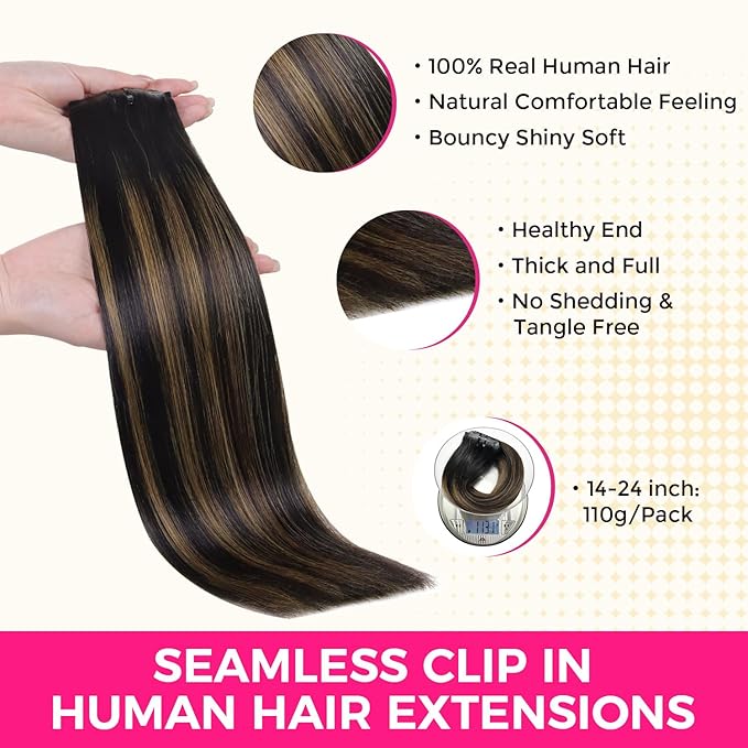 Lashey Seamless Hair Extensions Clip ins Staright 110g Natural Black Mixed Chestnut Brown 20 Inch 7pcs PU Weft Clip in Hair Extensions Real Human Hair with Invisi Edge for Black Women