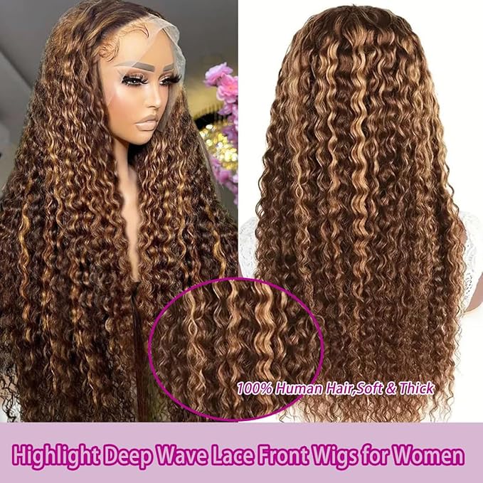 Highlight 13x6 Deep Wave Lace Front Wigs Human Hair 4/27 Ombre Curly HD Transparent Lace Frontal Wig Pre Plucked Glueless Wig human hair 210% Density Wet and Wavy Curly Wigs 18 Inch