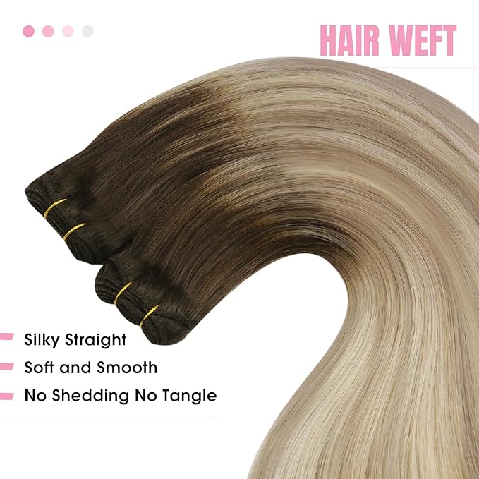 YoungSee Sew in Hair Extensions Real Human Hair 22Inch Ombre Blonde Double Weft Human Hair Extension Brown Roots to Gold Blond Mix Platinum Blonde Hair Extensions Sew in for Long Hair 100G
