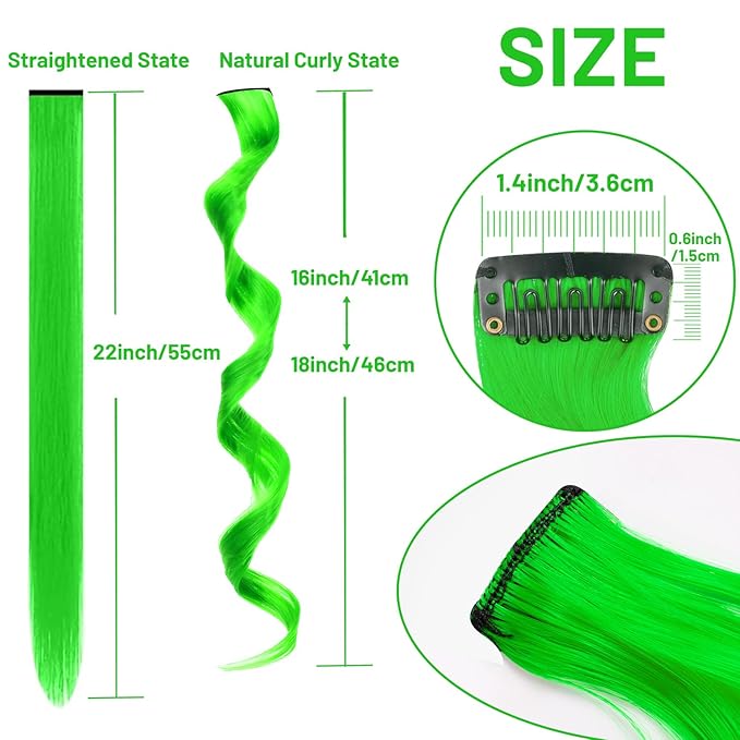 16 Pcs Colored Hair Extensions Curly Wavy Clip in Synthetic Hairpiece Streak,Colorful Hair Christmas New Year Cosplay Party Highlights for Girls Women Kids Gift(Neon Green)