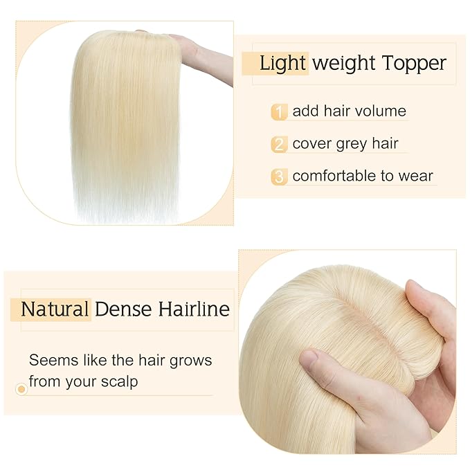 SEGO Human Hair Toppers for Women With Thinning Hair, 7 * 13CM Silk Base 100% Real Human Hair Clip in Top Wiglet Hairpieces /8 Inch No Bangs Platinum Blonde