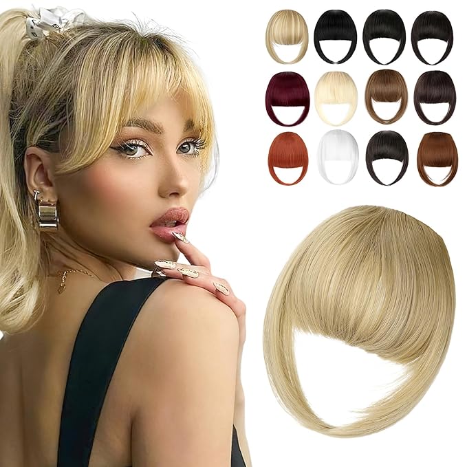 Clip in Bangs, Synthetic French Bangs Hair Clip, Fake Bangs Fringe with Temples Hairpieces for Women Natural Curved Hair Extensions for Daily Wear Ash Blonde