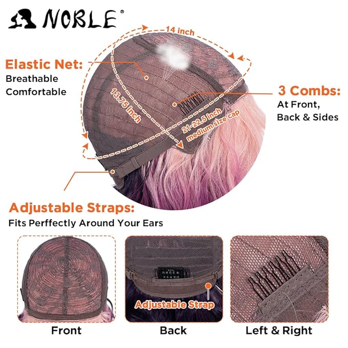 NOBLE Colourful Short Bob Wigs with Bangs for Women 3 Tone Ombre Pink root to Purple Color Short Wavy Bob Hair Wig Shoulder Length Synthetic Heat Resistant Bob Wigs