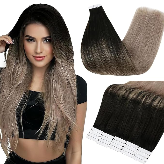 Full Shine Tape Ins Human Hair Extensions 14 Inch Color 1B/18 Black to Blonde Straight Invisible Double Sided Hair Extensions Real Human Hair Tape in 20PCS Remy Natural Soft and Silky 50g Add Volume