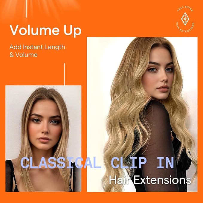 Full Shine Human Hair Extensions Clip ins Ombre 14 Inch Golden Brown To Golden Blonde Clip in Short Hair Extensions for Women 7 Pcs 120 G