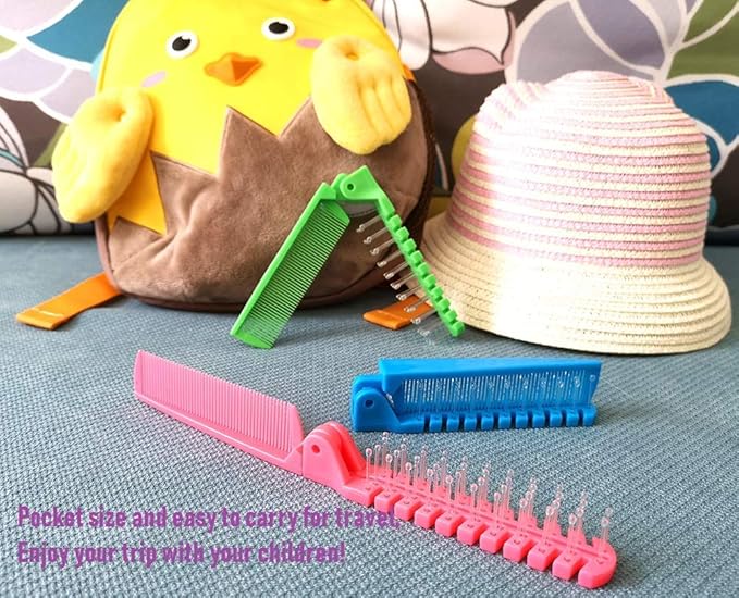 3pcs Hair Brush Set - Folding Travel Brush, Fine Tooth Pocket Comb, Massage Head & Baby Braiding Brush for Kids and Adults in Green/Pink/Blue
