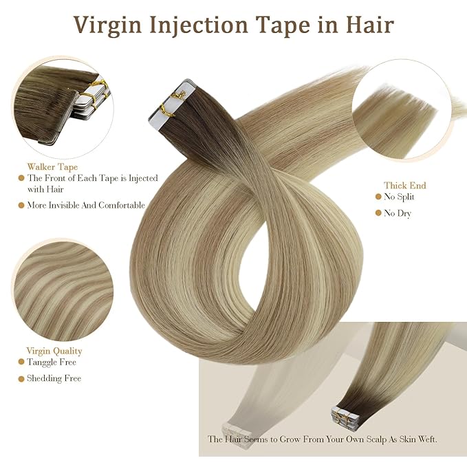 Full Shine Tape ins Extensions Virgin Injection Tape in Hair Extensions Color 2/18/22 Tape ins Human Hair 20Inch Seamless Invisible Hair Extensions Real Human Hair 12.5Gram 5Pcs for Women