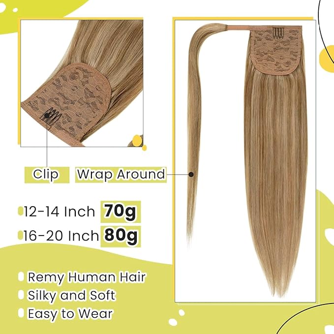 RUNATURE Human Hair Ponytail, Clip in Ponytail Extension Human Hair Wrap Around, Straight Long Ponytail Hair Extensions for Women, 20 Inch 80g #10P16 Caramel Blonde Highlight