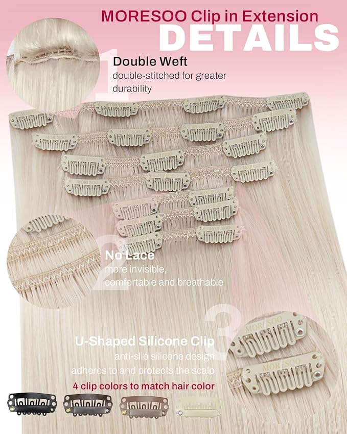 Moresoo White Blonde Clip in Hair Extensions Blonde Clip in Extensions Real Human Hair White Blonde Long Remy Human Hair 150g/7pcs 22 inch