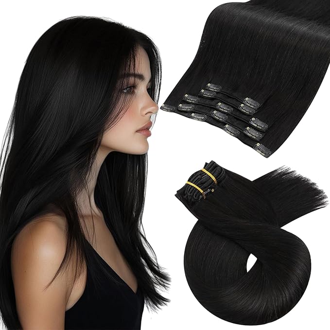 Moresoo Clip in Hair Extensions Real Human Hair Natural Black 5pcs 80g Remy Straight Invisible Lace Double Weft Natural Black Human Hair Clip in Extensions #1b 20inch