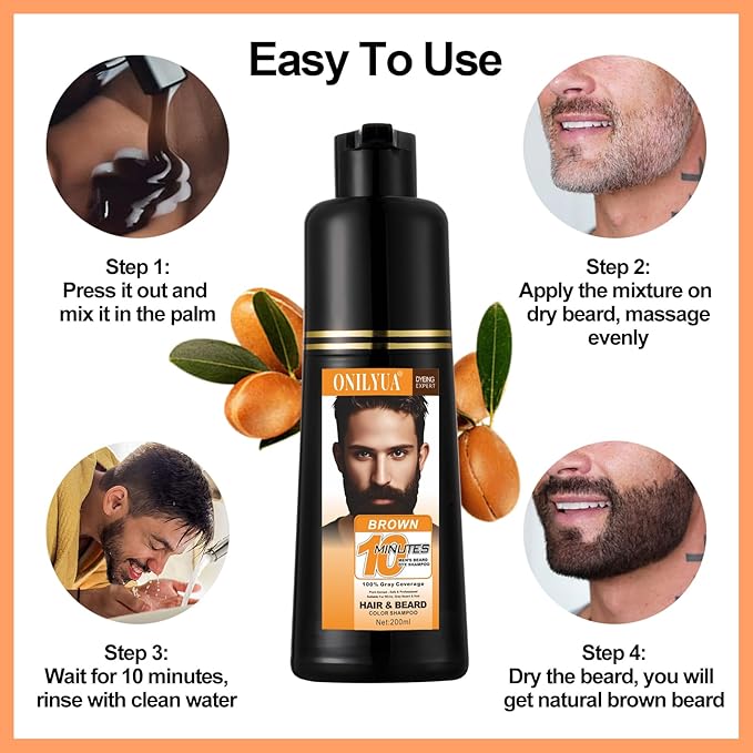Men's Brown Beard Dye, Dark Brown Hair Dye for Gray Hair Coverage, 3 in 1 Hair Dye Shampoo, Mustache & Beard Dye for Men, Quick & Easy to Use at Home, Long Lasting Beard Color for Men 200ML