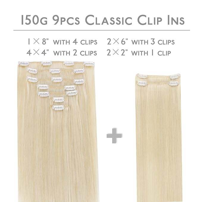 WENNALIFE Clip in Hair Extensions Real Human Hair, 24 Inch 150g 9pcs Human Hair Extensions Clip In Human Hair, Platinum Blonde Hair Extensions Clip In Real Hair Coloured Remy Human Hair Extensions