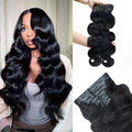 2 Pack 240g 16Pcs Body Wave Seamless Clip in Hair Extensions Real Human Hair Full Head 15A Remy Human Hair Clip ins with PU Skin Weft 16inch Natural Black