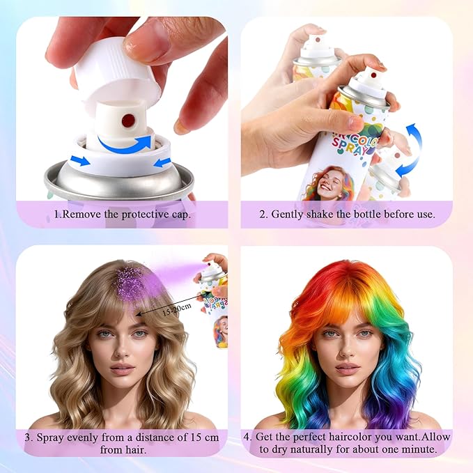 6 Pcs Temporary Hair Color Spray,Non-Stick Hairspray for Kids Girls Women Men,One-day Washable Hair Dye Spray for Party Halloween Cosplay DIY Christmas. (Red&Blue&Purple&Pink&Orange&White)