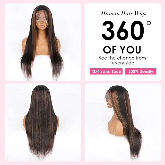 Straight Wigs Human Hair 1B/30 Highlight Ombre Lace Front Wig Human Hair 13x4 Transparent Lace Frontal Black with Brown Highlight Wig for Women 200 Density Glueless Wigs 24 Inch