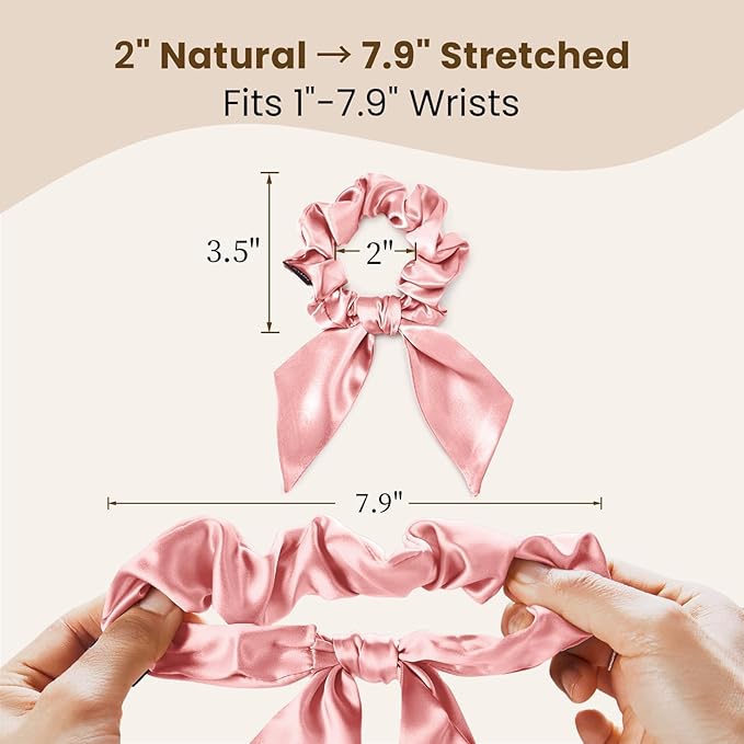 THXSILK 100% Mulberry Silk Bow Scrunchies 3-Pack, 22 Momme Mulberry Silk Hair Ties for Women, Cute Bunny Ear No Damage Ponytail Holders, Fashion Hair Accessories for Girls(M, Charming Pink)