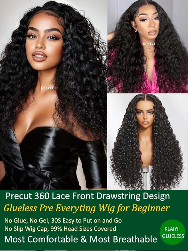 KLAIYI Water Wave Pre Cut 360 Full Lace Frontal Glueless Wig Human Hair Drawstring Pre Plucked Bleached Bye Bye Knots Pre Everything Ready to Wear And Go Curly Beginner Wig with Baby Hair 180% 18Inch
