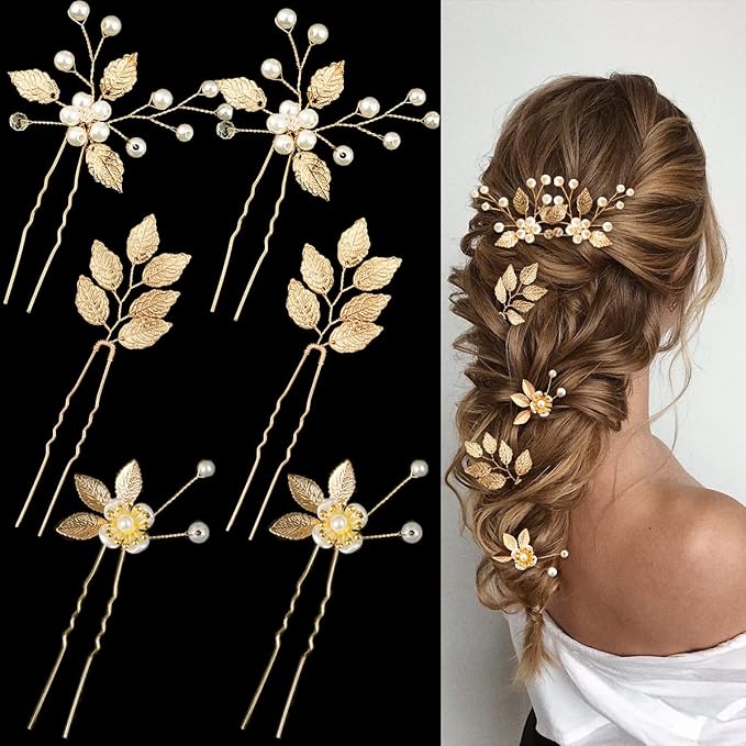 6 Pieces Bridal Wedding Hair Pins Gold Leaf Crystal Pearl Hair Pins Clips Headpiece Vintage Wedding Hair Accessories Jewelry with Rhinestone for Brides Bridesmaids Flower Girls (Lovely)