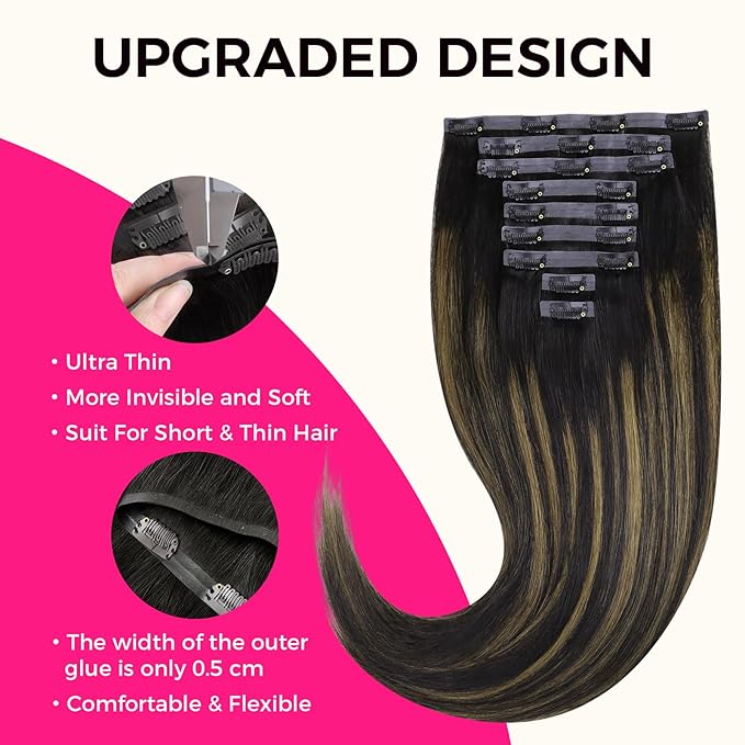 Lashey Seamless Clip in Hair Extensions Human Hair 9pcs Straight Natural Black Mixed Chestnut Brown 130g 18 Inch Clip in Hair Extensions with Thin PU Soft Invisible Edge for Women