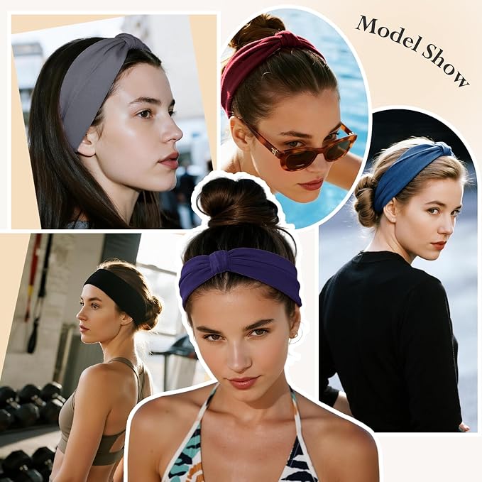 Headbands for Women, Wide Elastic Head Bands, Non-Slip Thick Hair Bands, Sports Stretchy Sweat Bands, Large Knotted Soft Headband for Washing Face, Makeup, Workout, Spa, Fashion