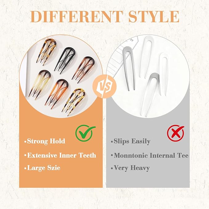 6 PCS French Hair Pins for Women - Large U-Shaped Hair Forks with Internal Teeth, Strong Hold for Thick & Thin Hair, Effortless French Twists, Updos, Buns & Chignons, Hairstyle Accessories