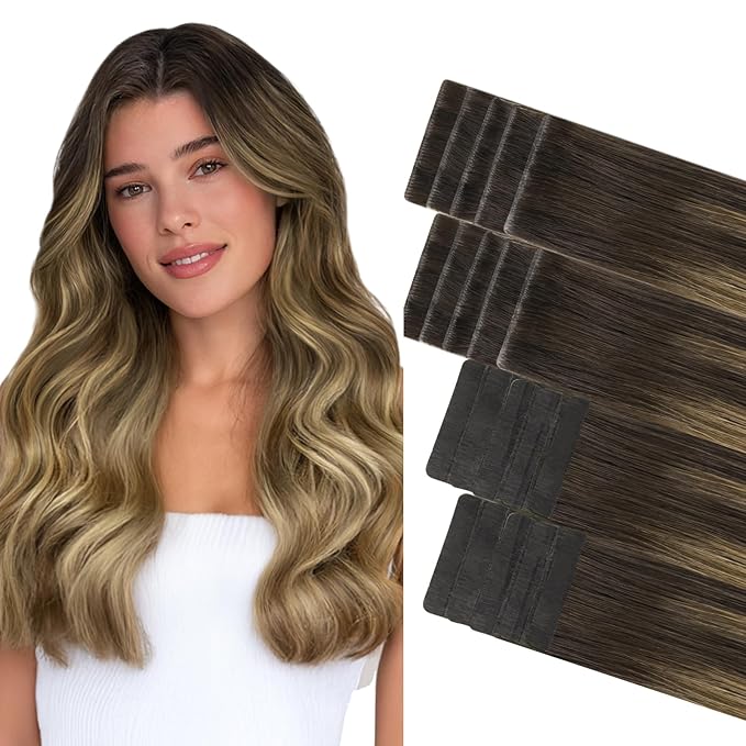 GOO GOO Invisi Edge Tape in Hair Extensions Human Hair, 2/6/18 Balayage Brown to Dirty Blonde 10pcs injected with 10pcs classical tape ins, 18inch 50g, Virgin Remy Hair, Natural Look