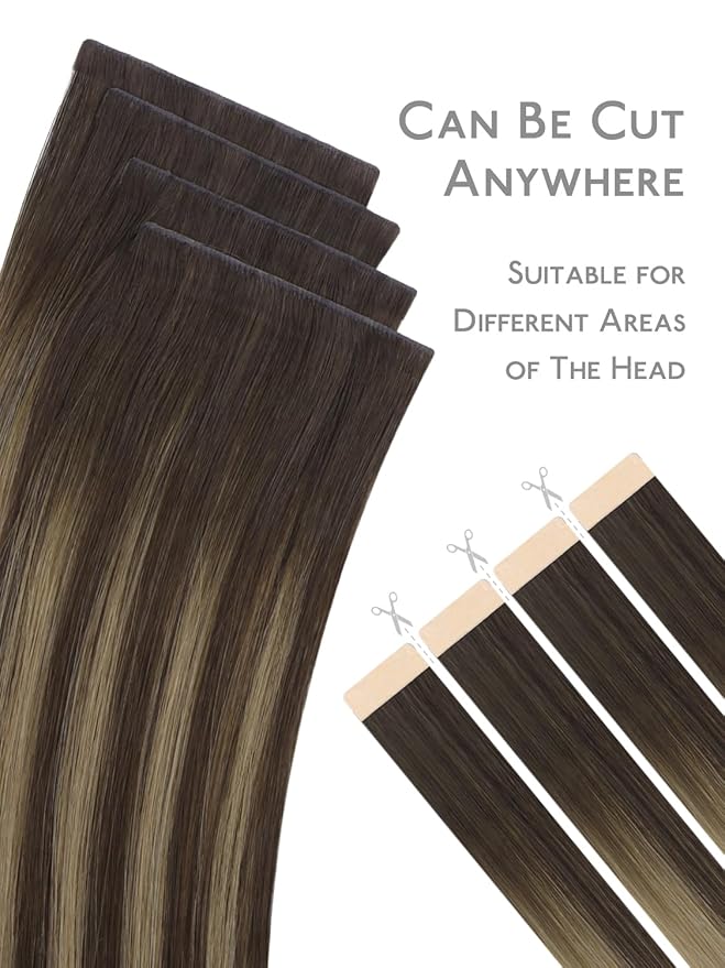 WENNALIFE Invisi Edge 8cm Tape in Hair Extensions Human Hair, 20 Inch 20g 4pcs, Balayage Chocolate Brown to Caramel Blonde Invisible Remy Tape Ins Straight Reusable Extensiones De Cabello Humano